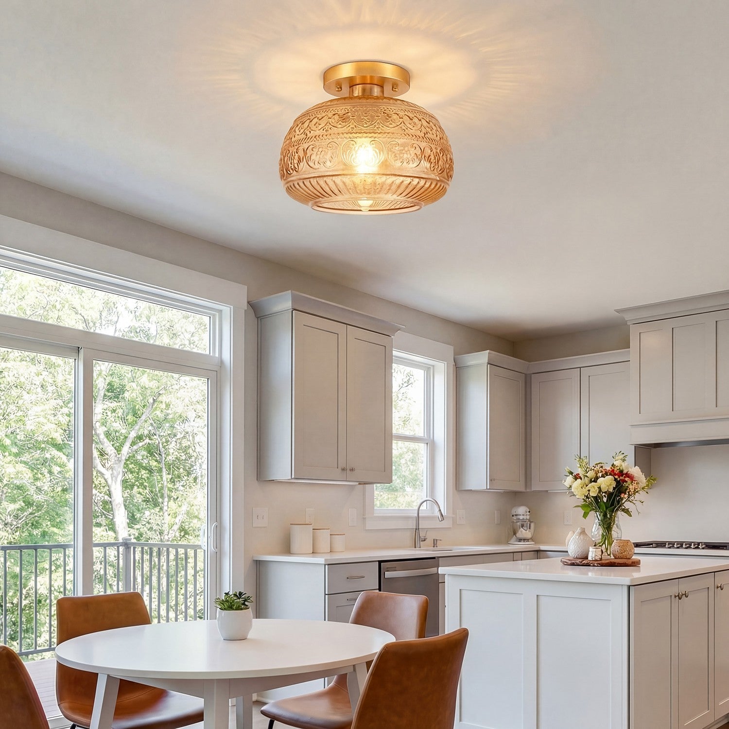 Ixionis Stained Engraved Pattern Glass Flush Mount Ceiling Light
