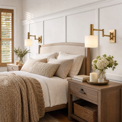 Aura Elegant Brass Swing Arm Porcelain Wall Sconce