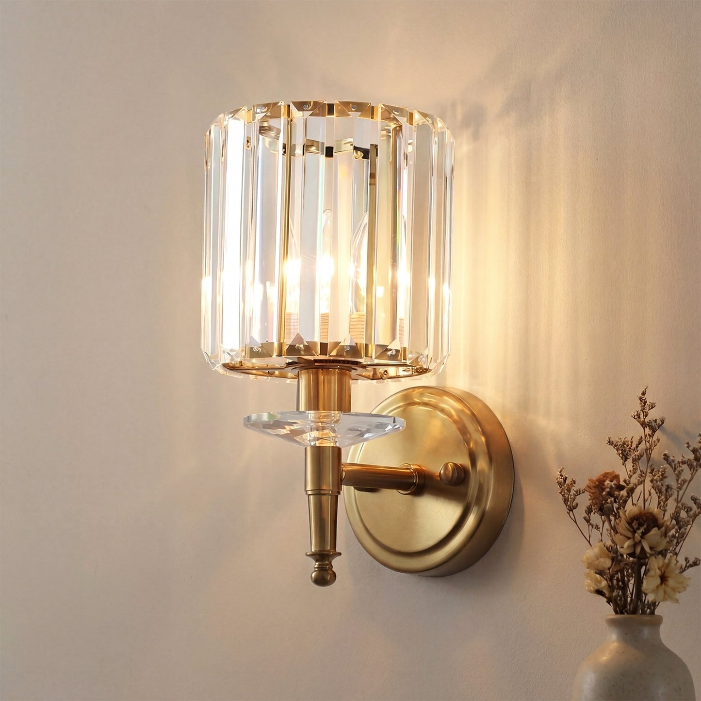 Solstice Brushed Brass Crystal Ribbed Glass Wall Sconce
