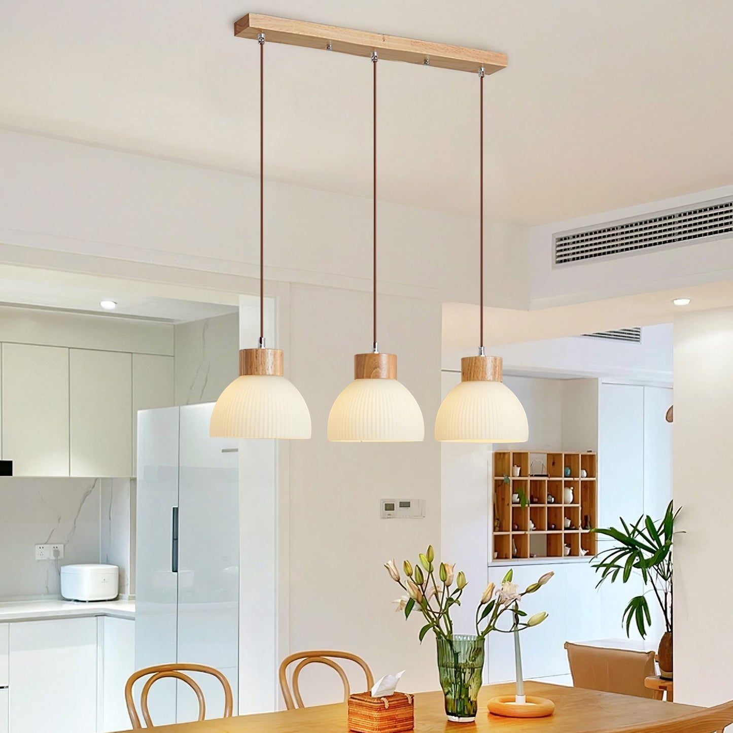 Tyrionth Wood Base 3 Light White Ribbed Glass Shade Pendant Light