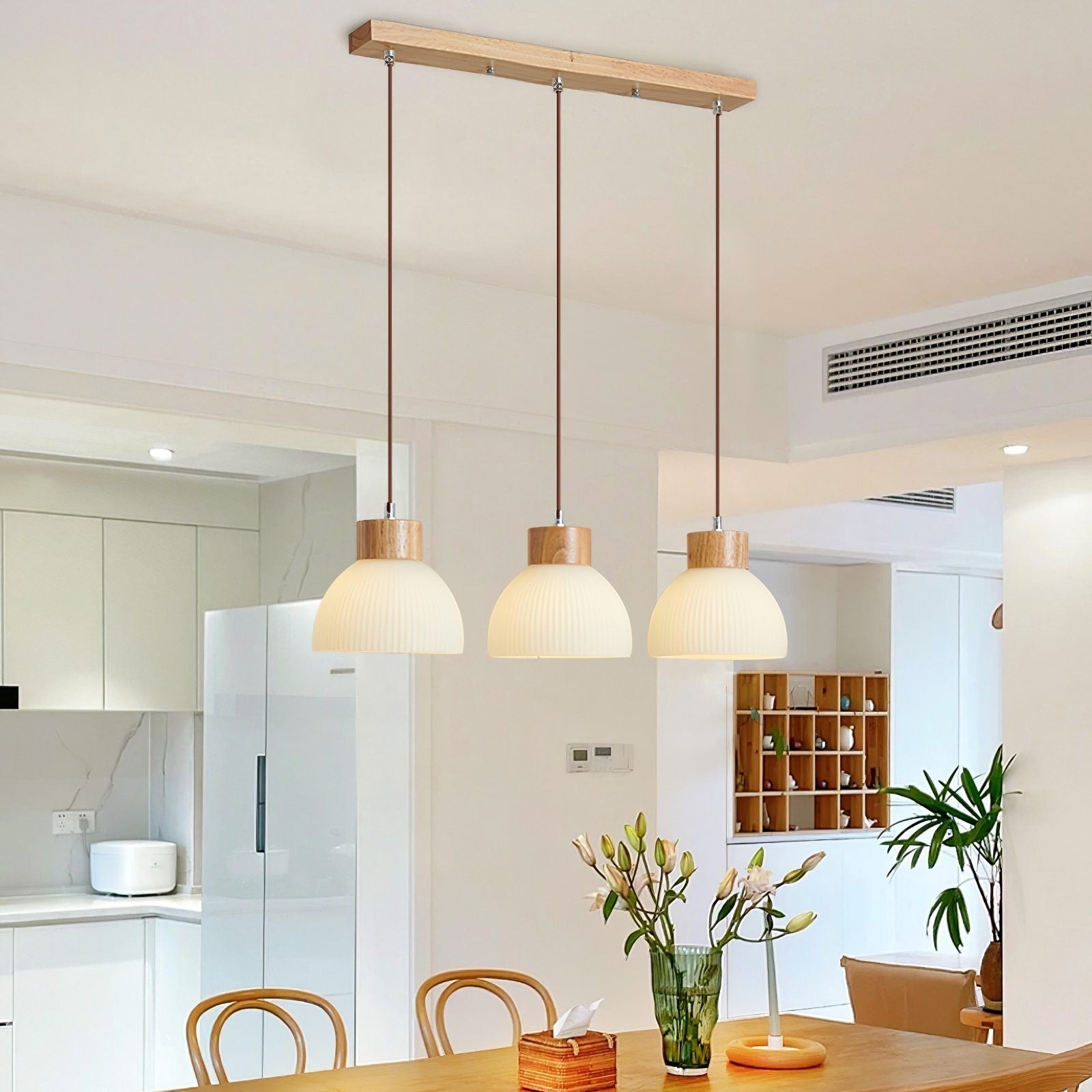 Tyrionth Wood Base 3 Light White Ribbed Glass Shade Pendant Light