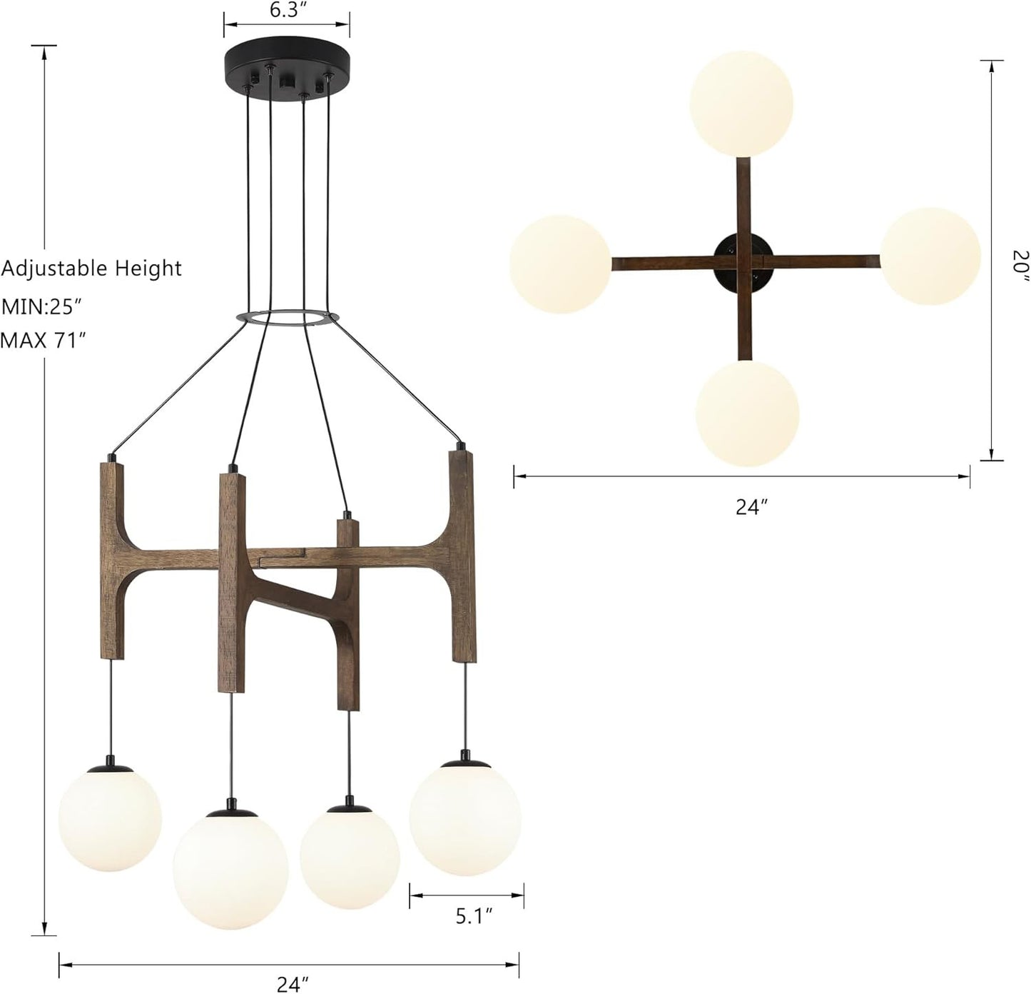 Astraea Farmhouse Wooden Branch Milk Glass Globe Chandelier