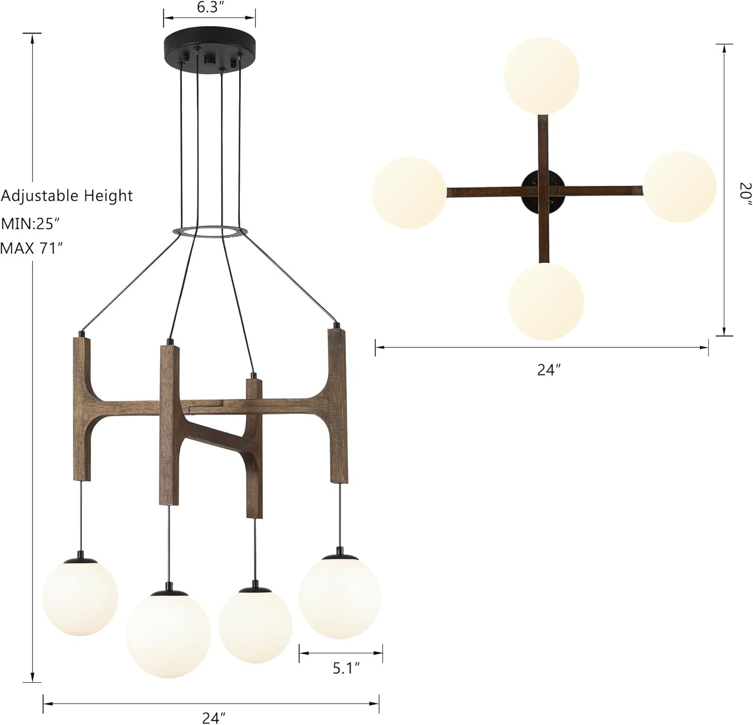 Astraea Farmhouse Wooden Branch Milk Glass Globe Chandelier