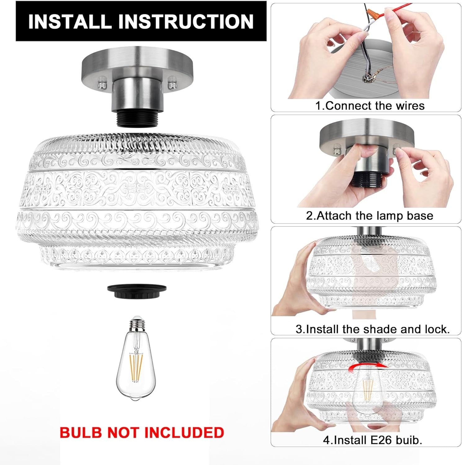 Ixionis Farmhouse Patterned Glass Semi Flush Mount Ceiling Light