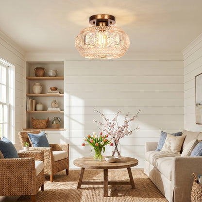 Ixionis Retro Carved Glass Semi Flush Ceiling Light