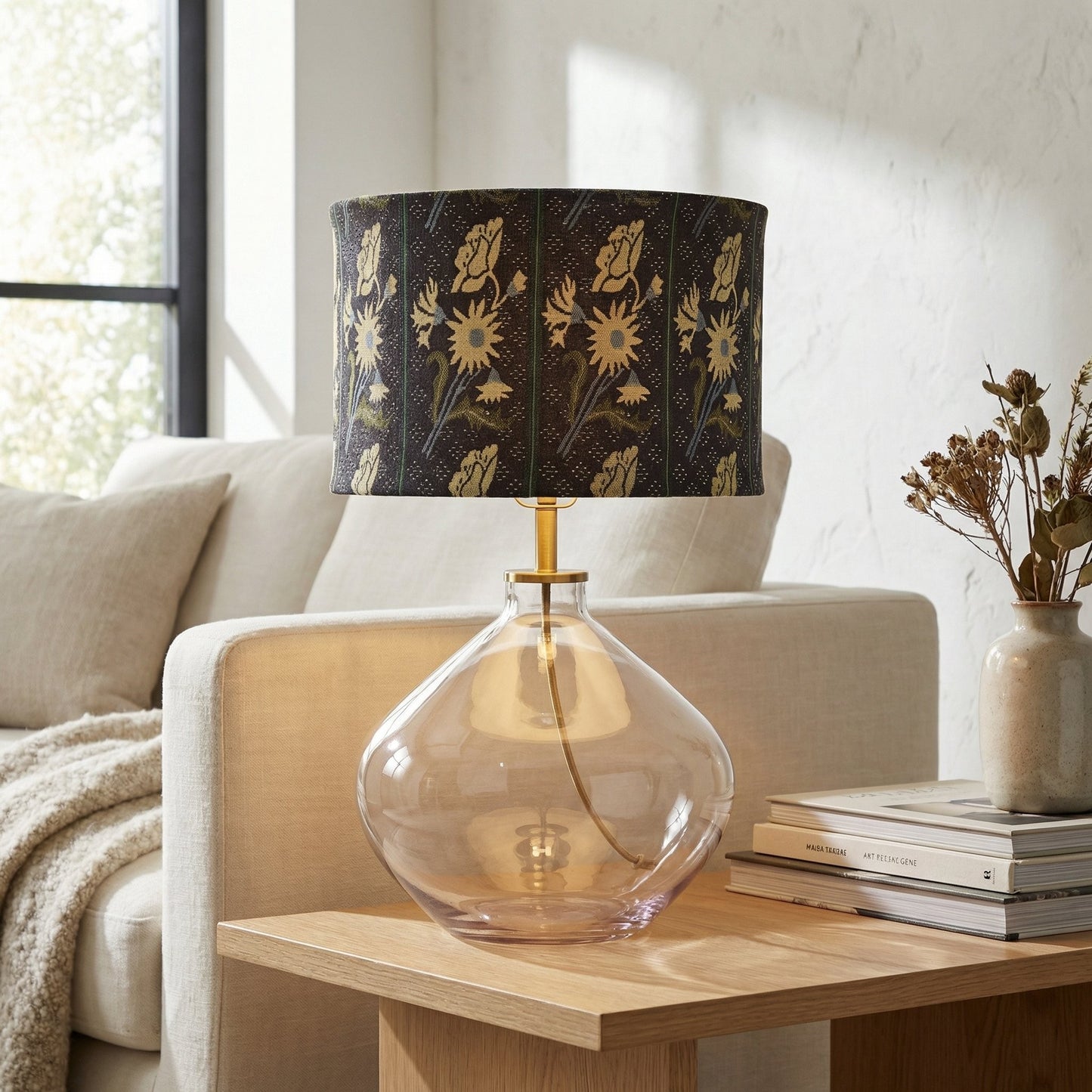 Waylon Vintage Floral Drum Shade Clear Glass Table Lamp