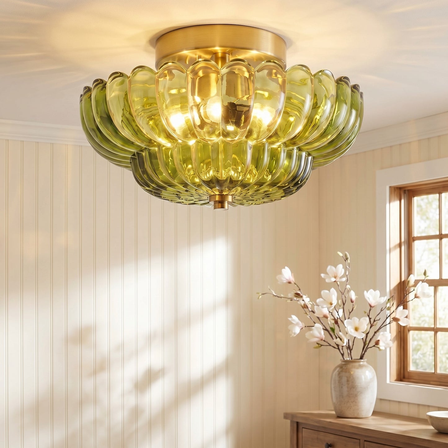 Raveena Vintage Amber Glass Semi Flush Mount Floral Ceiling Light