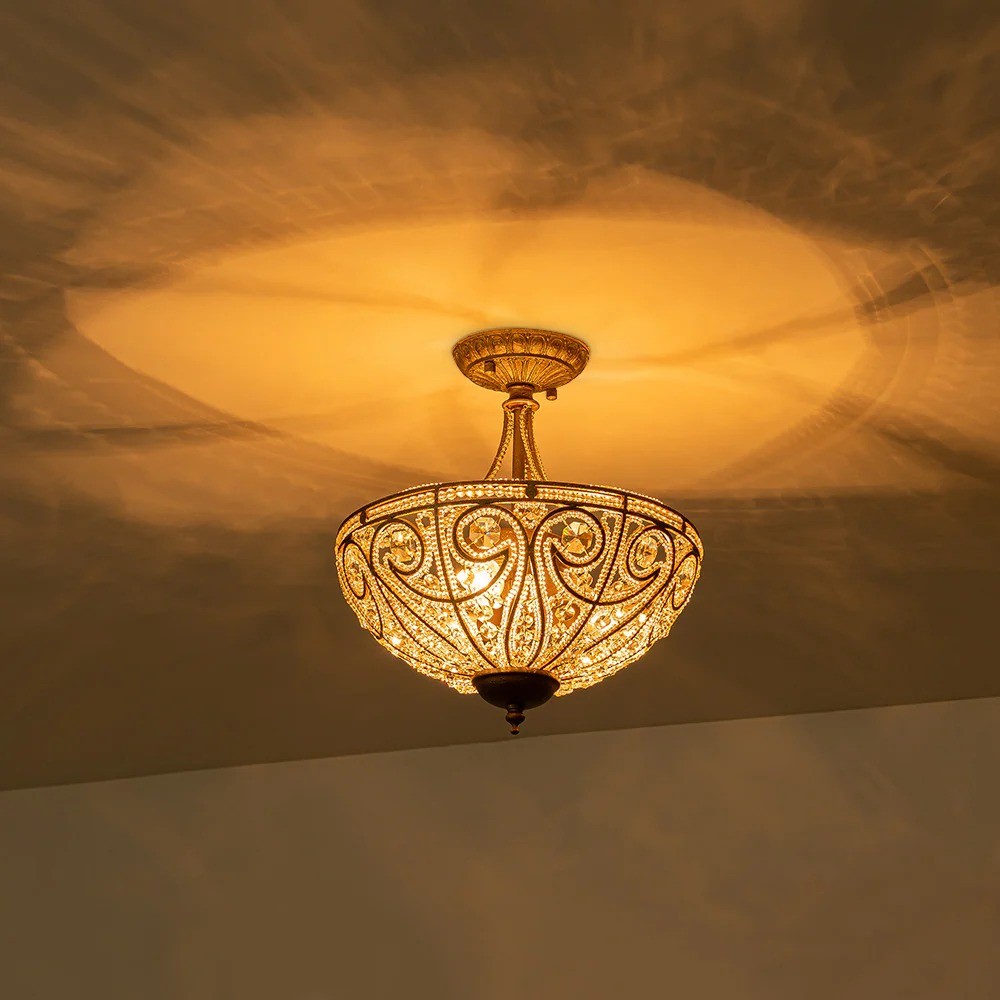 Ive Vintage Bronze Bowl 3-Light Crystal Semi Flush Ceiling Light