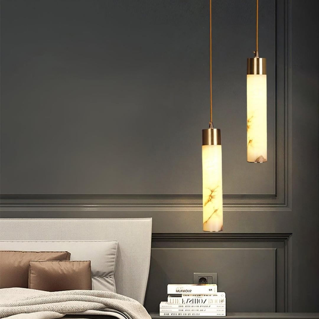 Odalys Luxurious Cylindrical Alabaster Brass Pendant Light