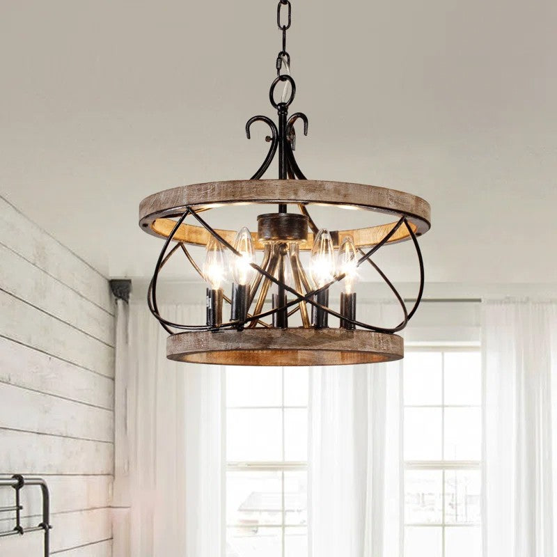 Cael Farmhouse Drum Wood Cage Pendant Light