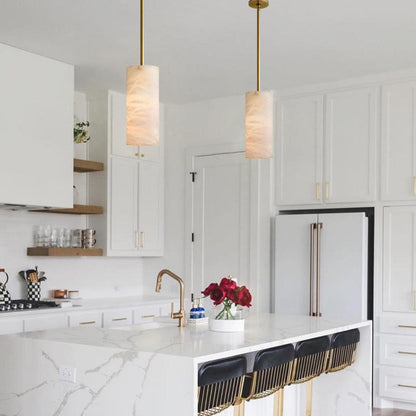 Modern Hand Carved Alabaster Cylinder Pendant Light