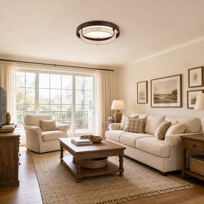 Jayce Organic Wood & Travertine Layered Round Ceiling Light