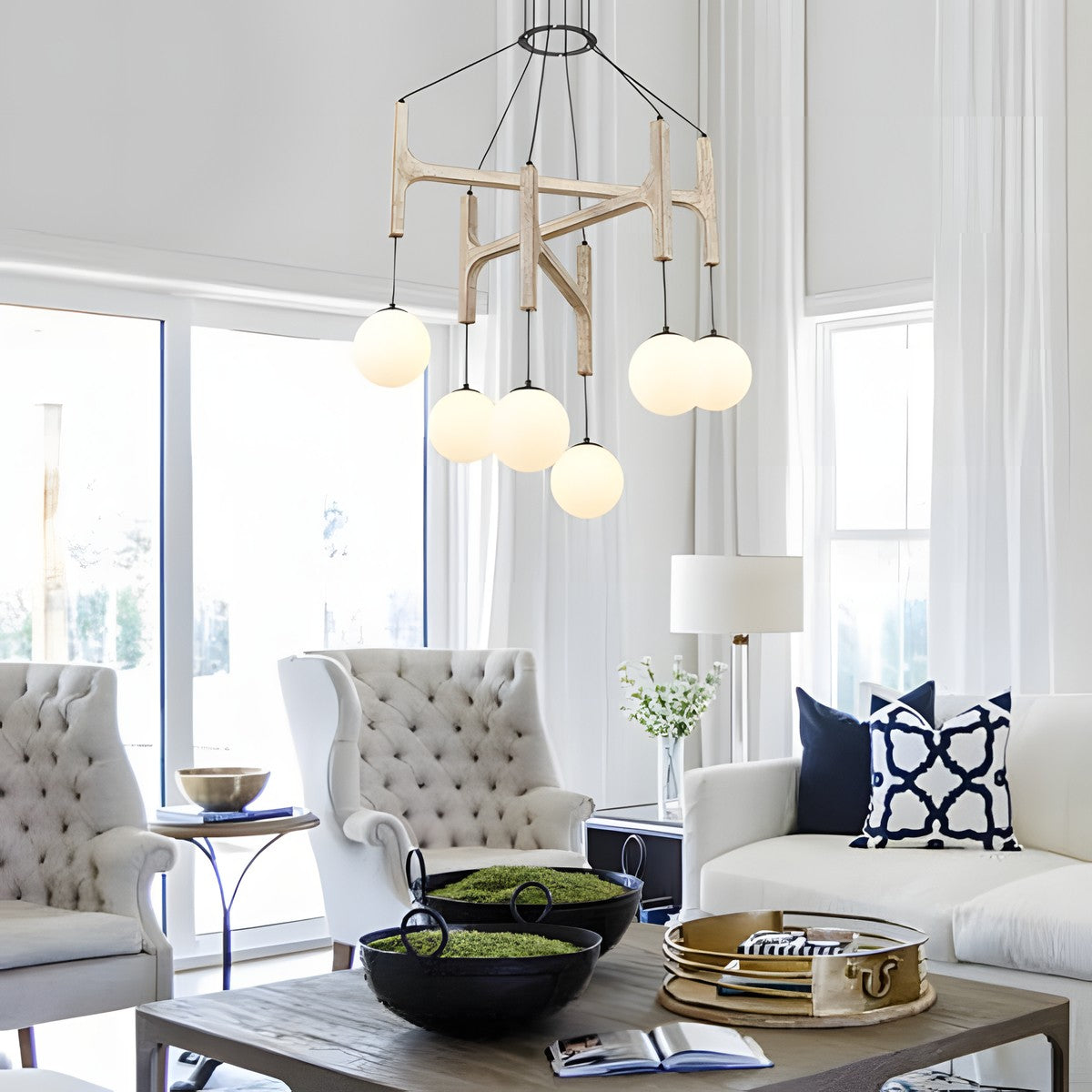Astraea Farmhouse Wooden Branch Milk Glass Globe Chandelier
