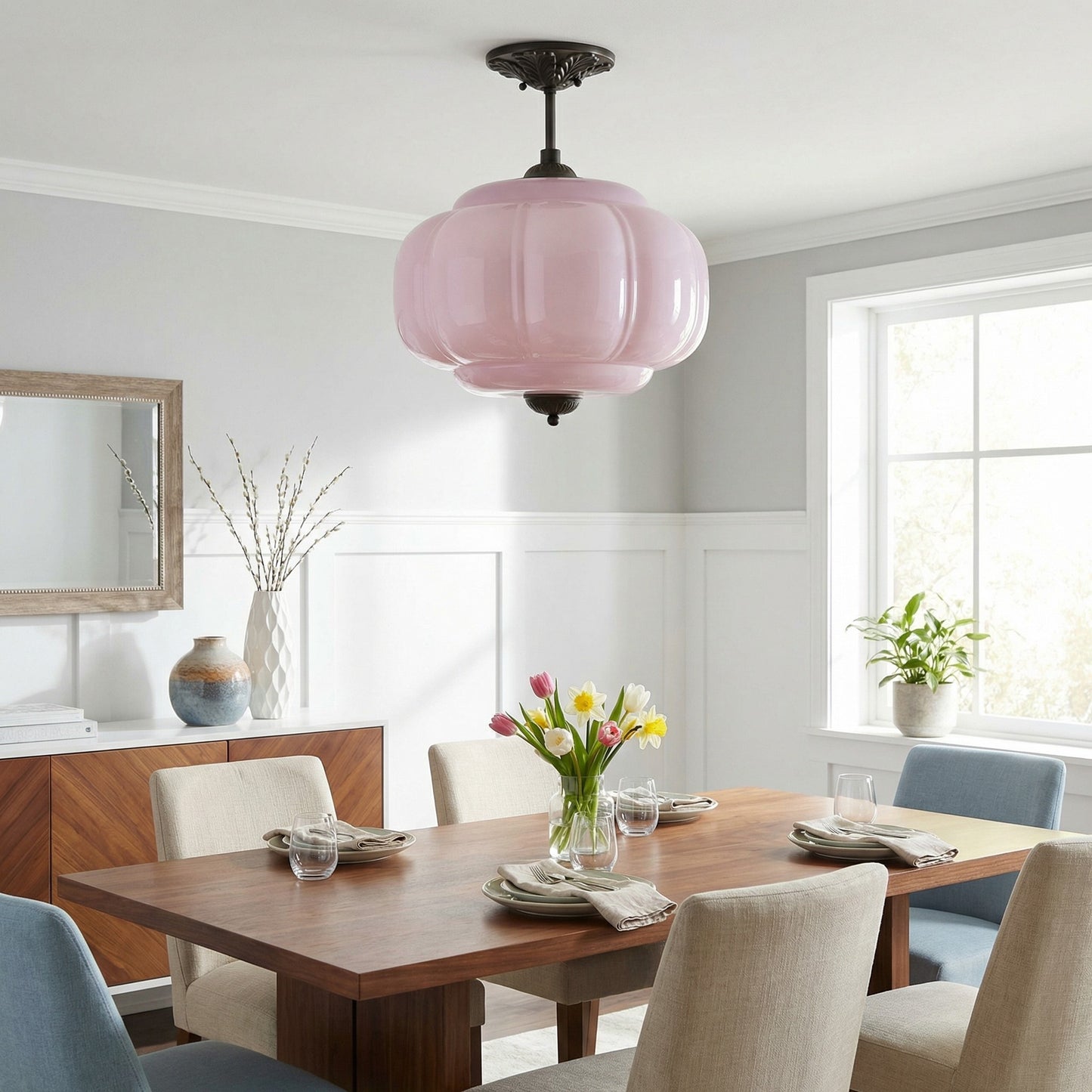 Vortan Antique Brass Green Glass Semi-Flush Mount Eloise Pendant Lamp