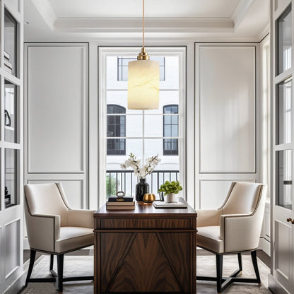 Beverlee Modern Brass Cylinder Alabaster Pendant Light