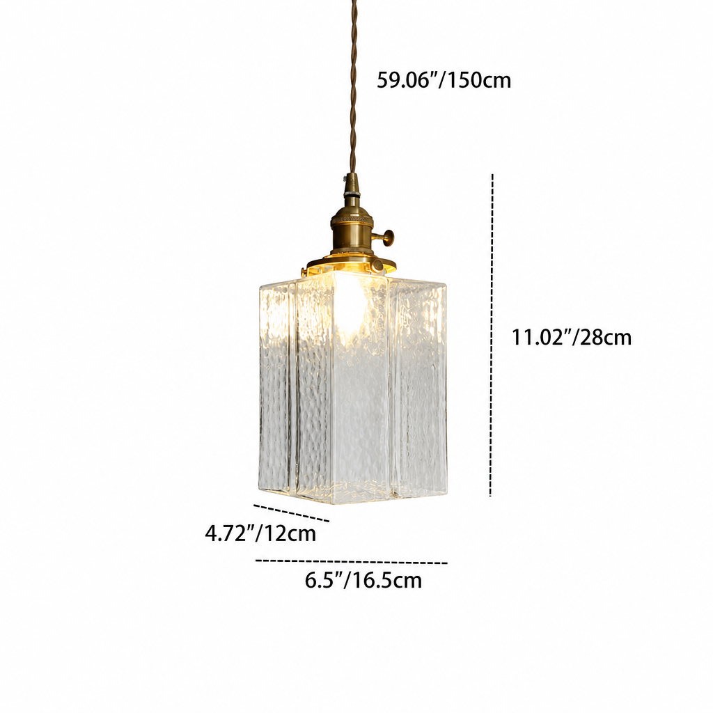 Faelthorin Farmhouse Brass Hammered Square Glass Pendant Lamp