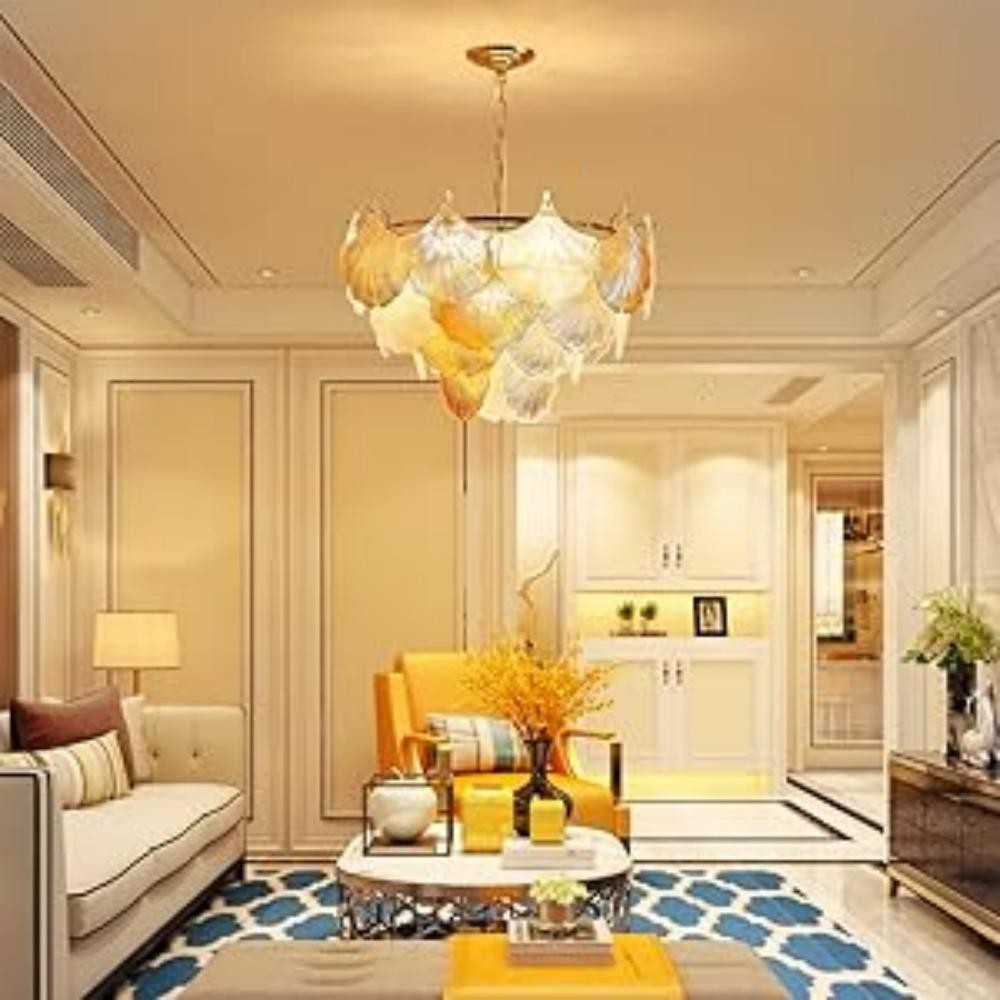 Cyan Champagne Ginkgo Leaf Textured Glass Chandelier
