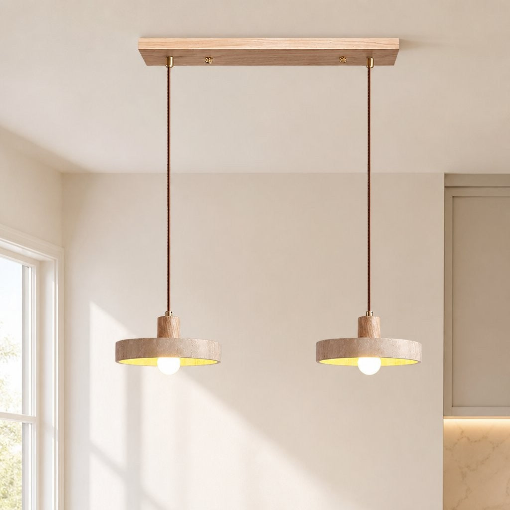 Harlow Wabi-Sabi Travertine & Wood Circular Pendant Light