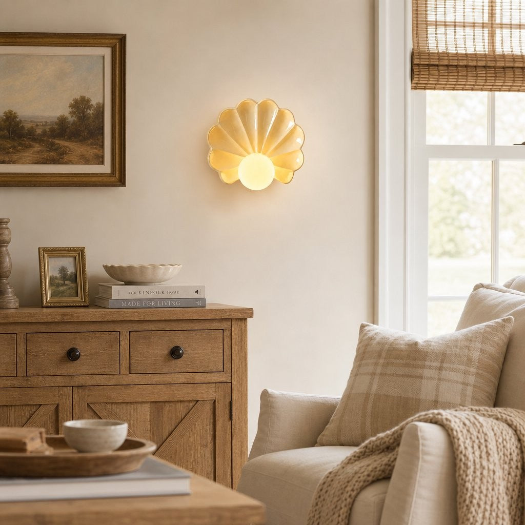 Kristian French Vintage Ceramic Cream Shell Wall Sconce