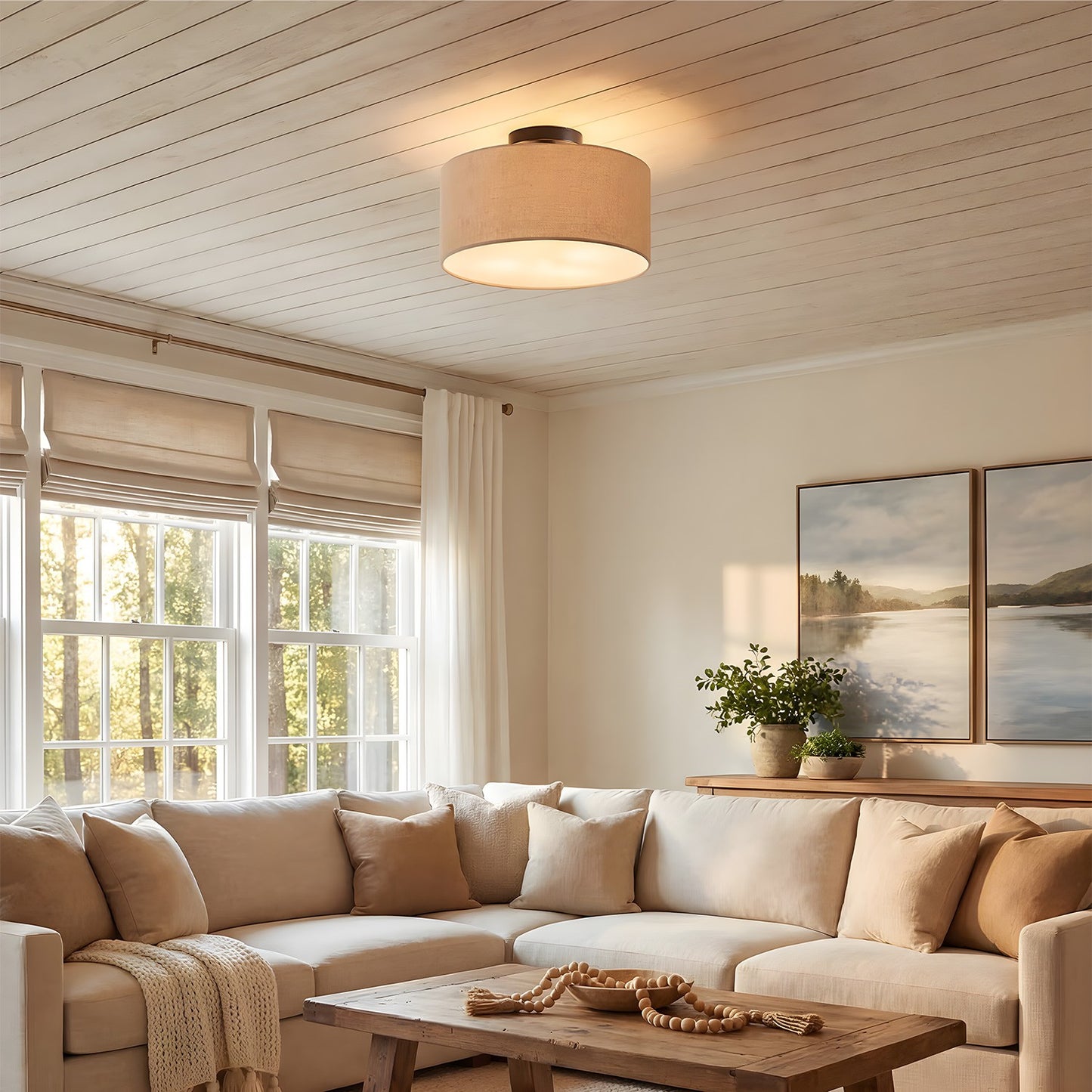 Joram White Linen Drum Ceiling Light