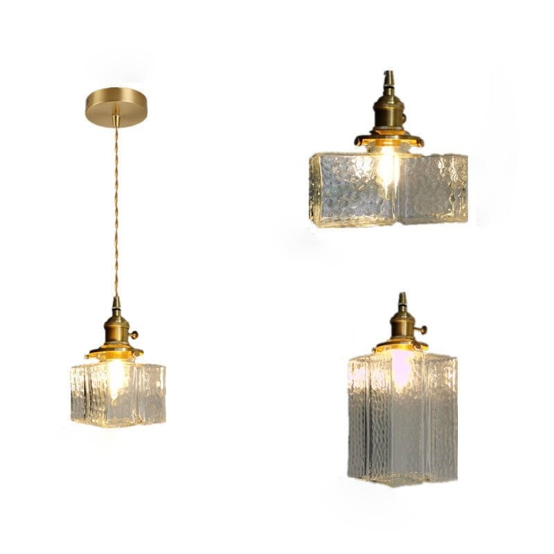 Faelthorin Farmhouse Brass Hammered Square Glass Pendant Lamp