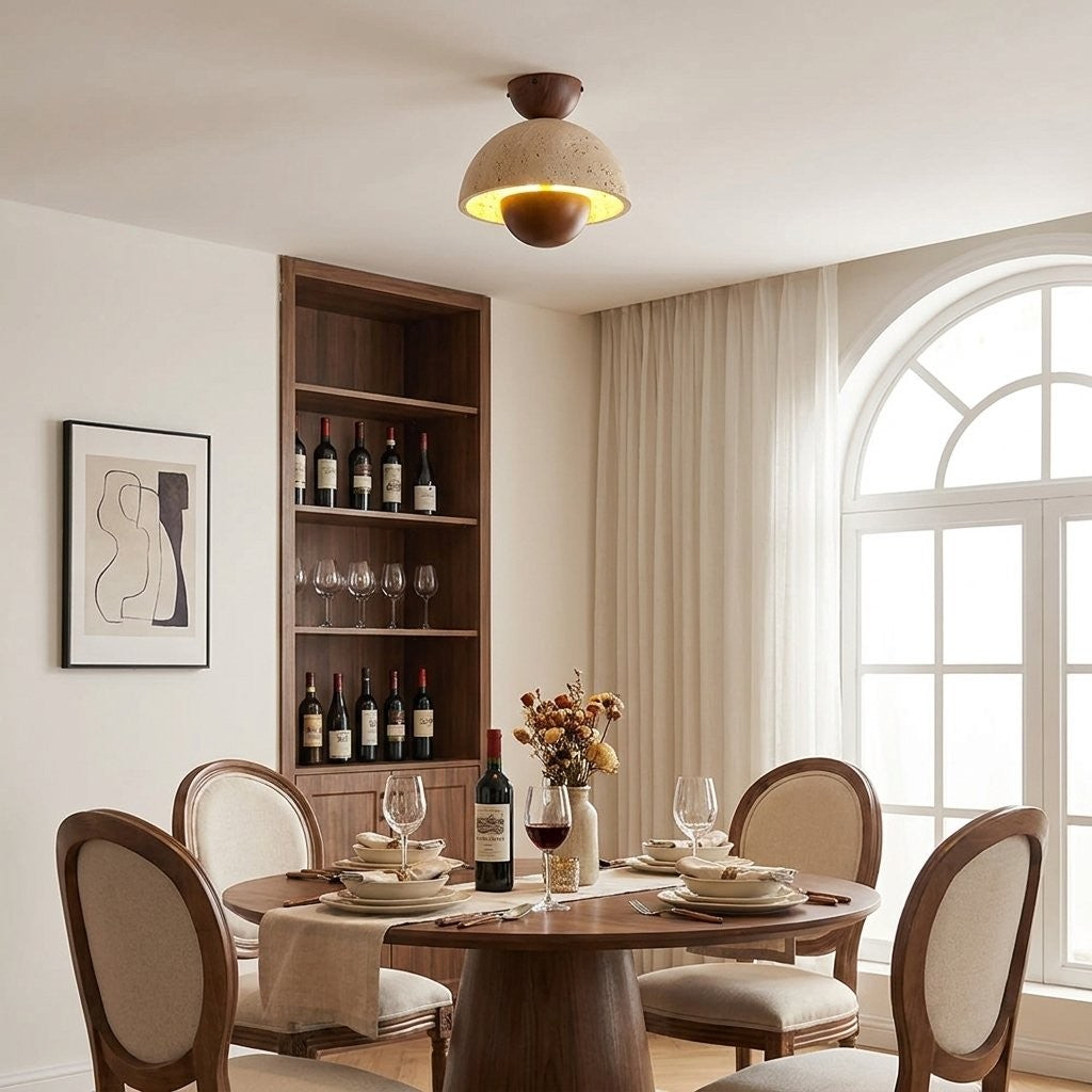 Elrick Mid-Century Travertine Wood Dome Ceiling Light