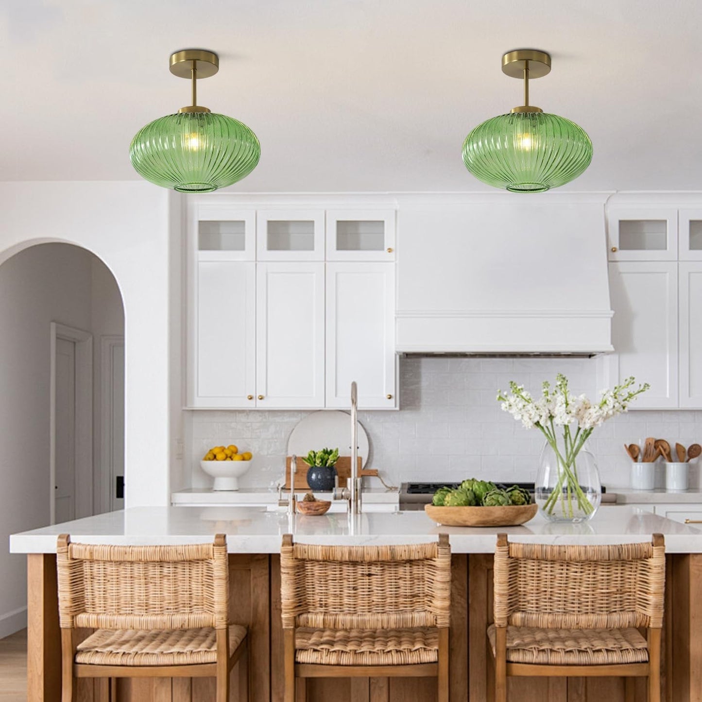 Jorik Natural Green Ribbed Glass Oval Ceiling Light