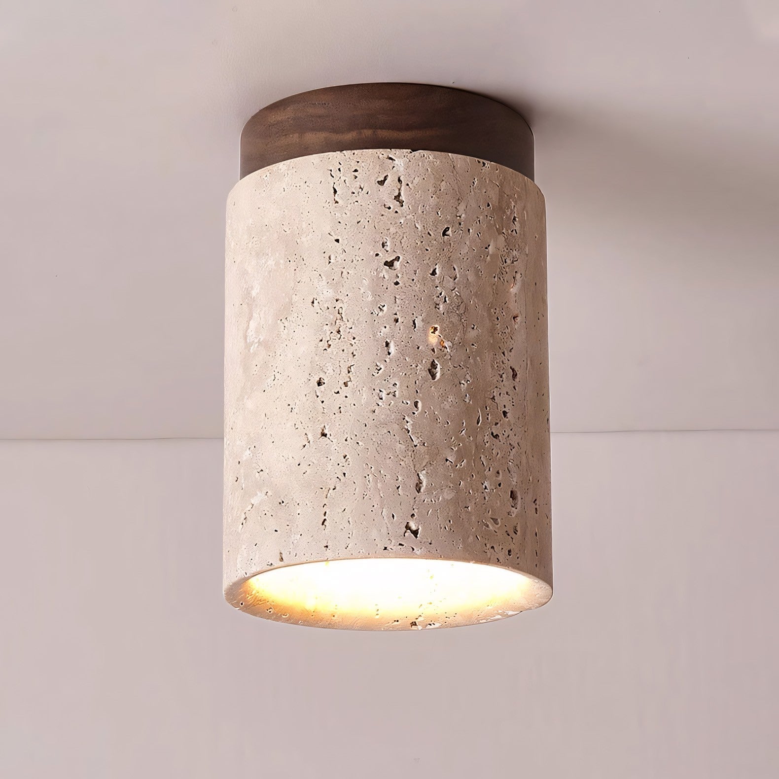Hyrion Mini Wood And Stone Cylinder Travertine Ceiling Light