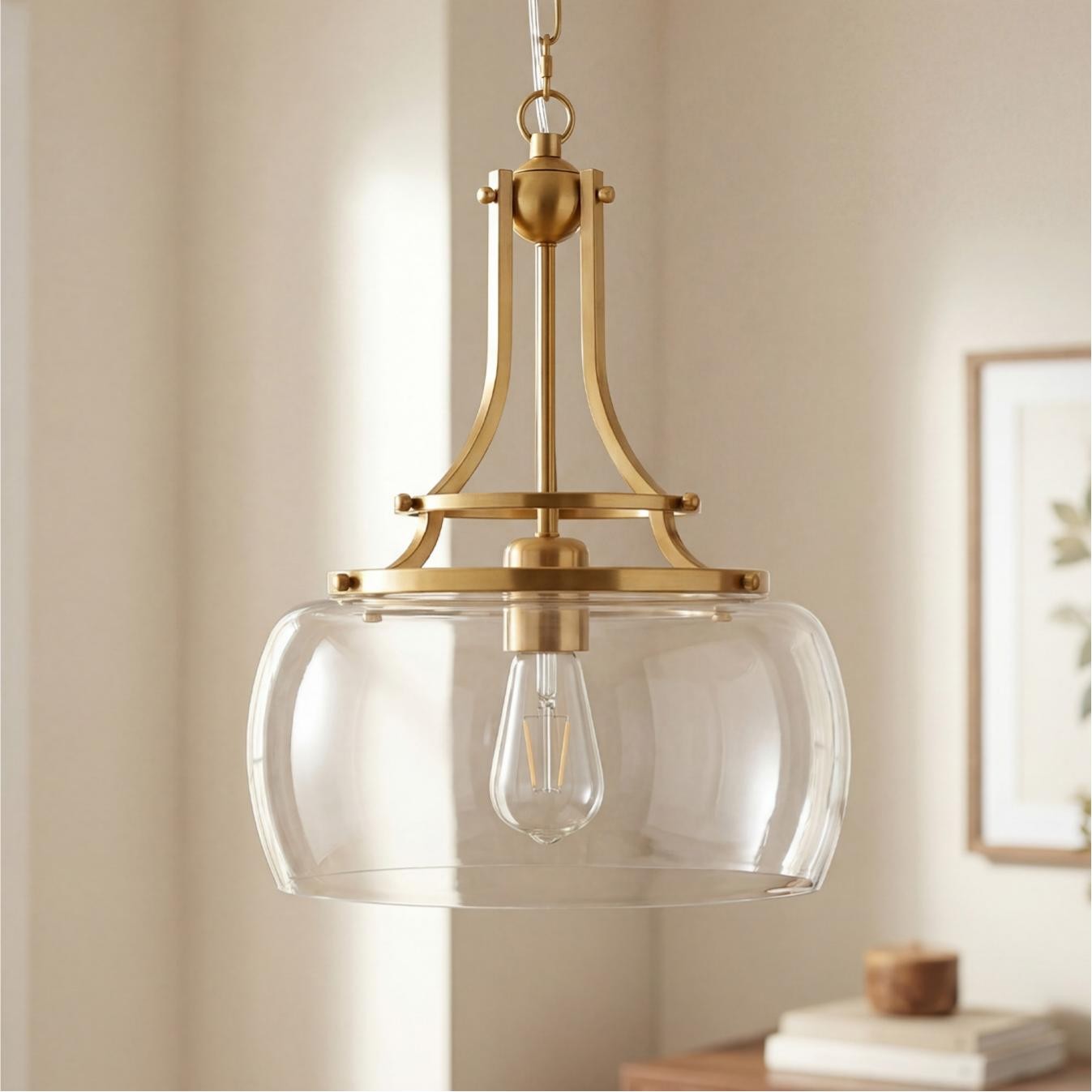 Thalys Brushed Gold Clear Glass Shade Charleston Pendant Light