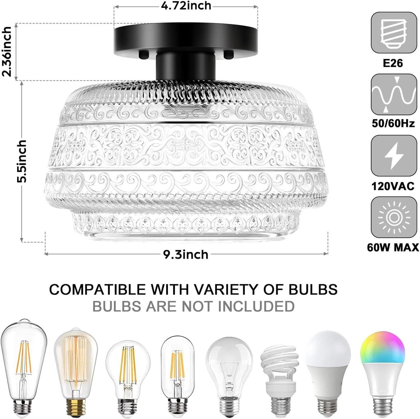 Ixionis Farmhouse Patterned Glass Semi Flush Mount Ceiling Light