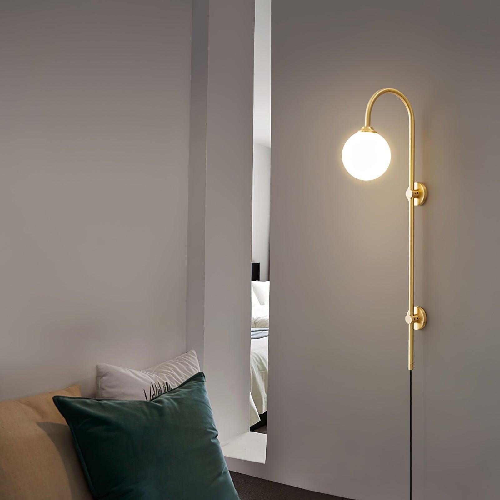 Qorven Minimalist Long Pole Globe Brass Plug In Wall Sconce