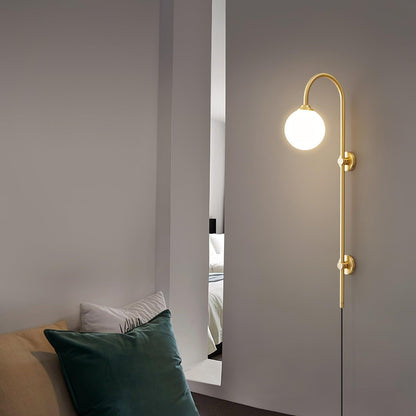 Qorven Minimalist Long Pole Globe Brass Plug In Wall Sconce