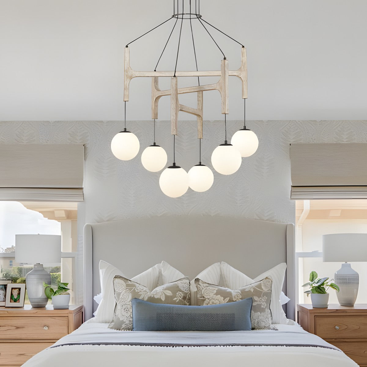 Astraea Farmhouse Wooden Branch Milk Glass Globe Chandelier