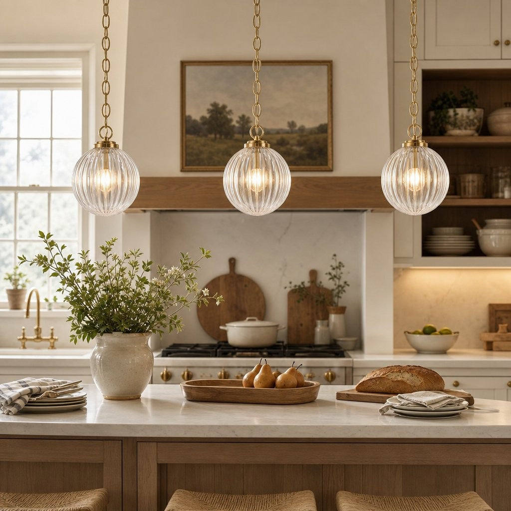 Hana Farmhouse Ribbed Glass Globe Pendant Light