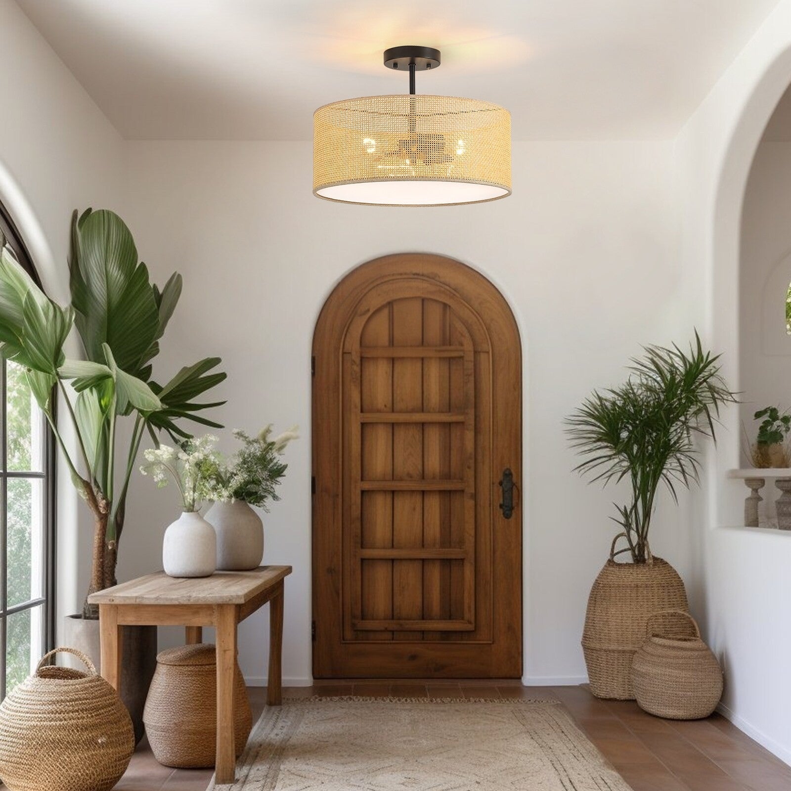 Zaylen Farmhouse Rattan Semi Flush Mount Ceiling Light