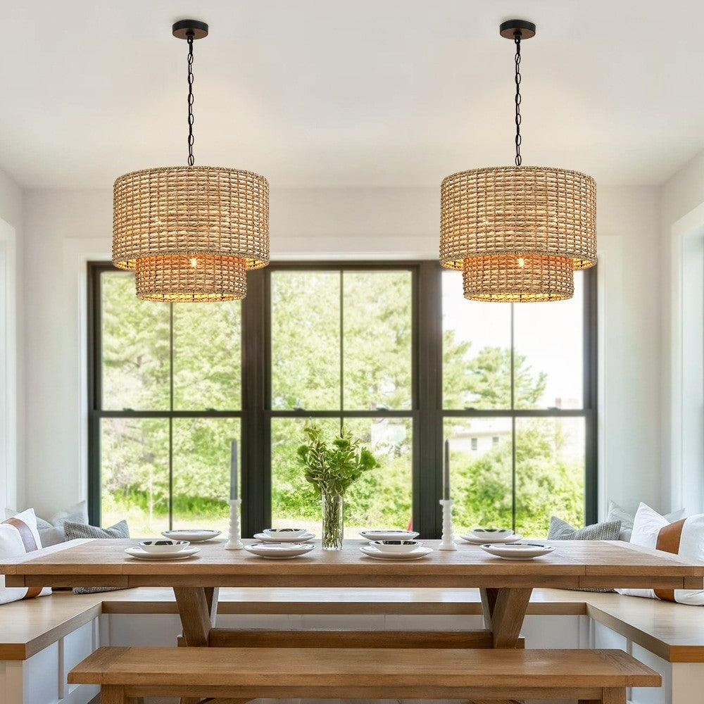 Harland Beachy Natural Rattan Double Drum Pendant Light