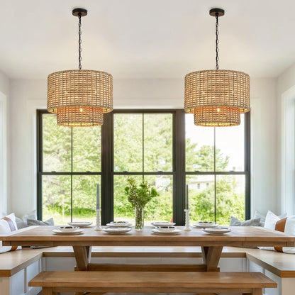 Harland Beachy Natural Rattan Double Drum Pendant Light