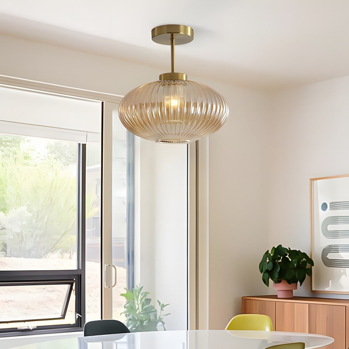 Jorik Natural Green Ribbed Glass Oval Ceiling Light