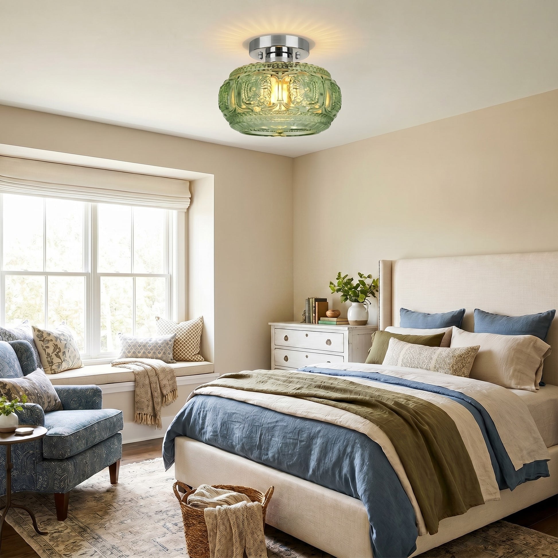 Ixionis Retro Carved Glass Semi Flush Ceiling Light