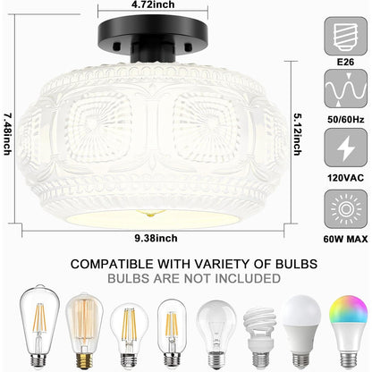 Ixionis Retro Carved Glass Semi Flush Ceiling Light