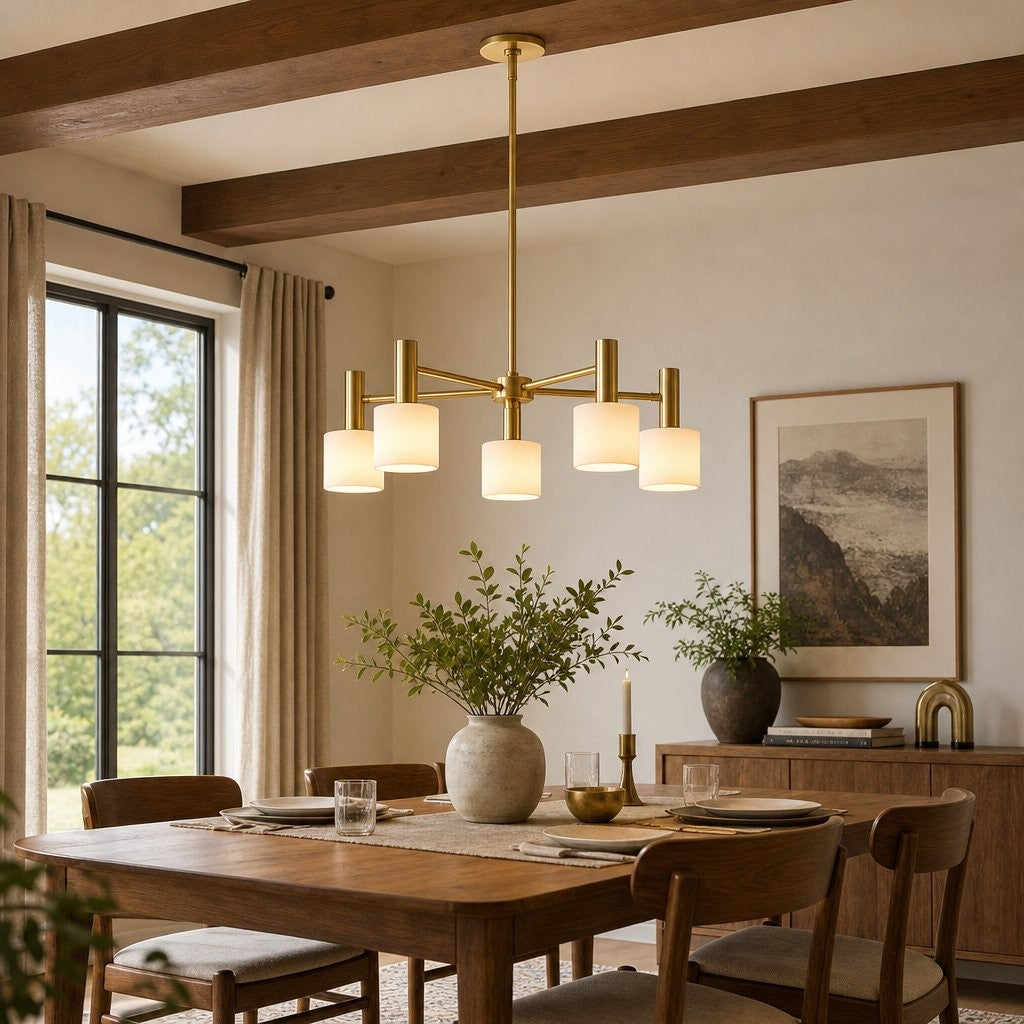 Aura Mid-Century Brass Porcelain Cylinder Chandelier