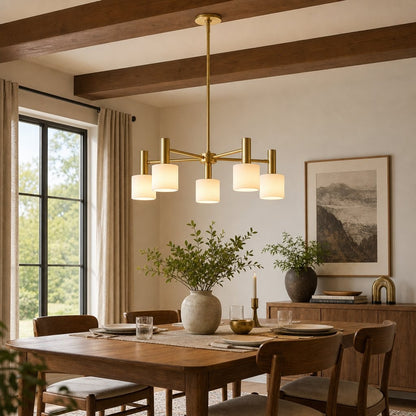 Aura Mid-Century Brass Porcelain Cylinder Chandelier