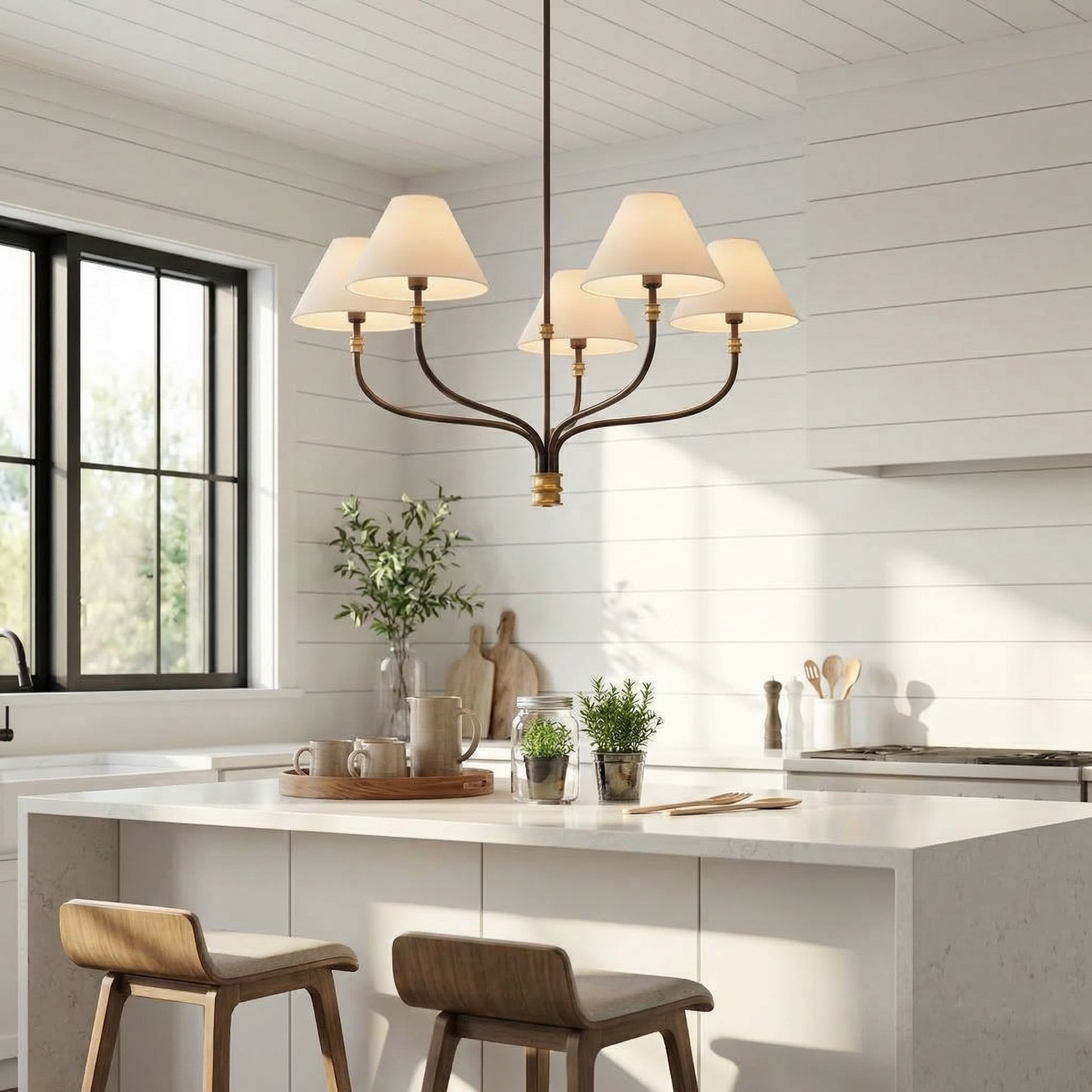 Ashlyn Modern 5/6 Light White Linen Conical Chandelier