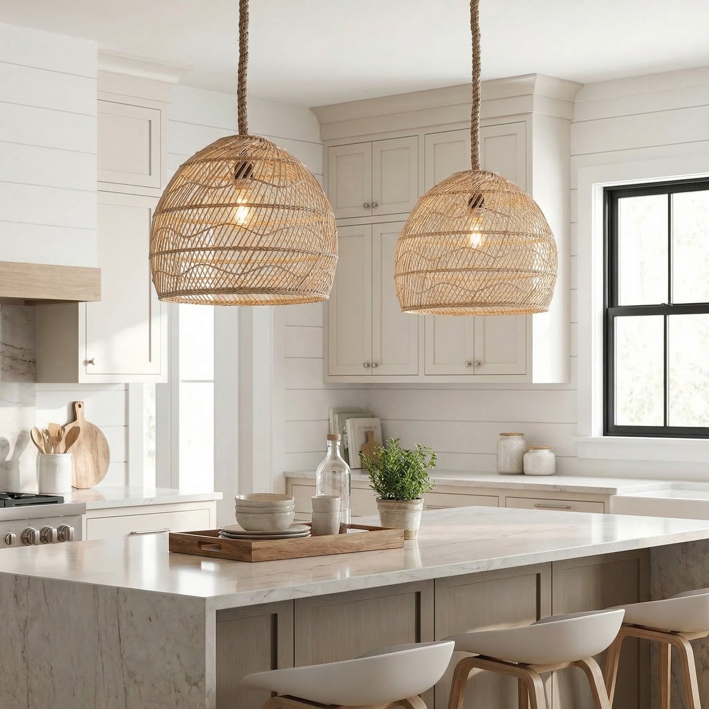 Laura Bohemian Style Bleached Rattan Pendant Light