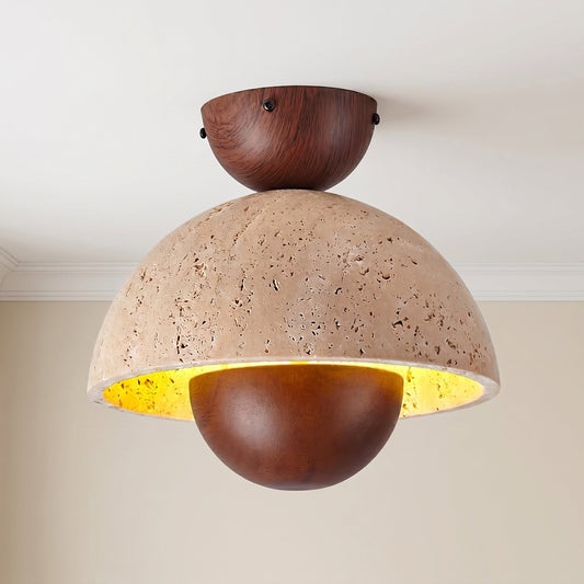 Elrick Mid-Century Travertine Wood Dome Ceiling Light