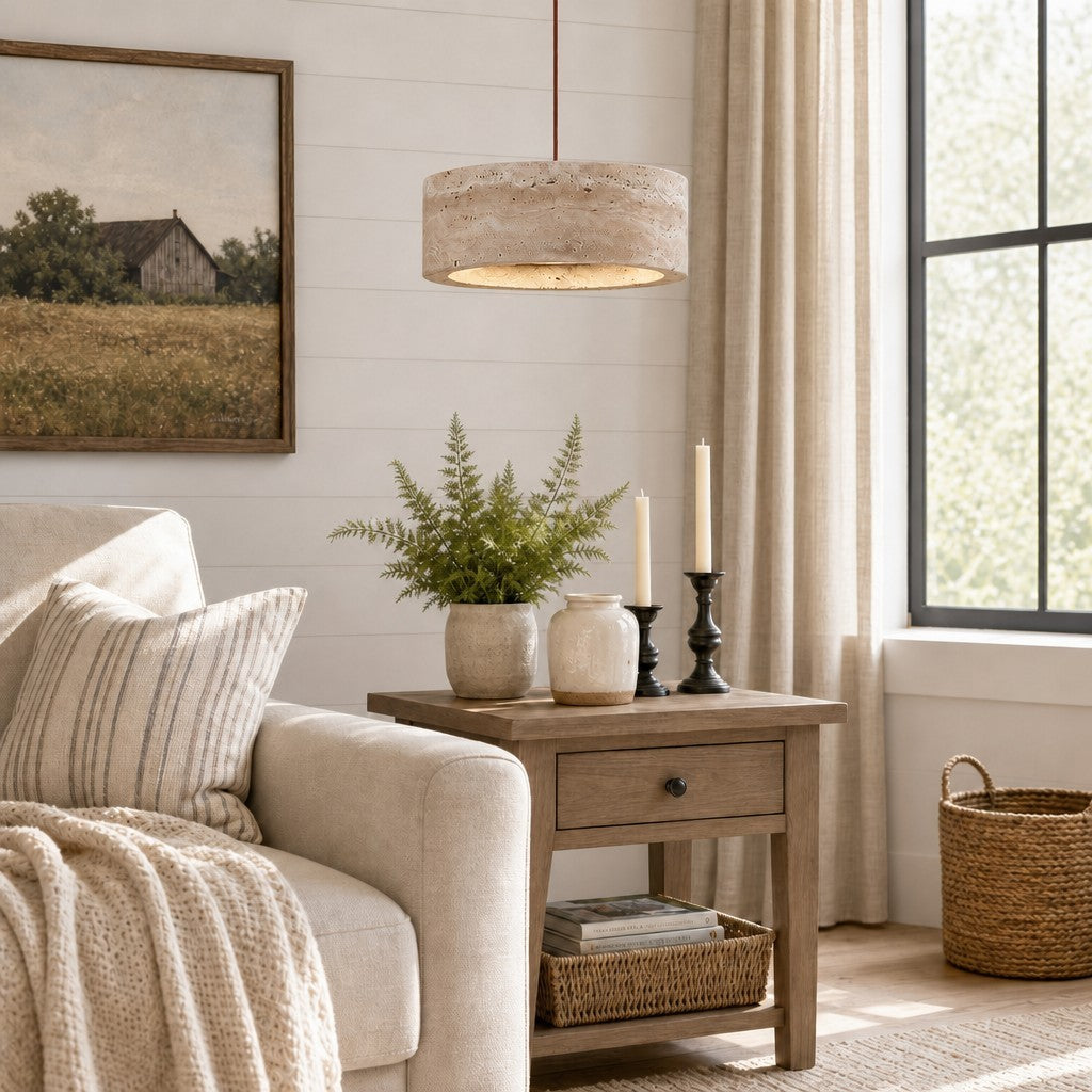 Veloria Scandinavian Travertine Round Pendant Light