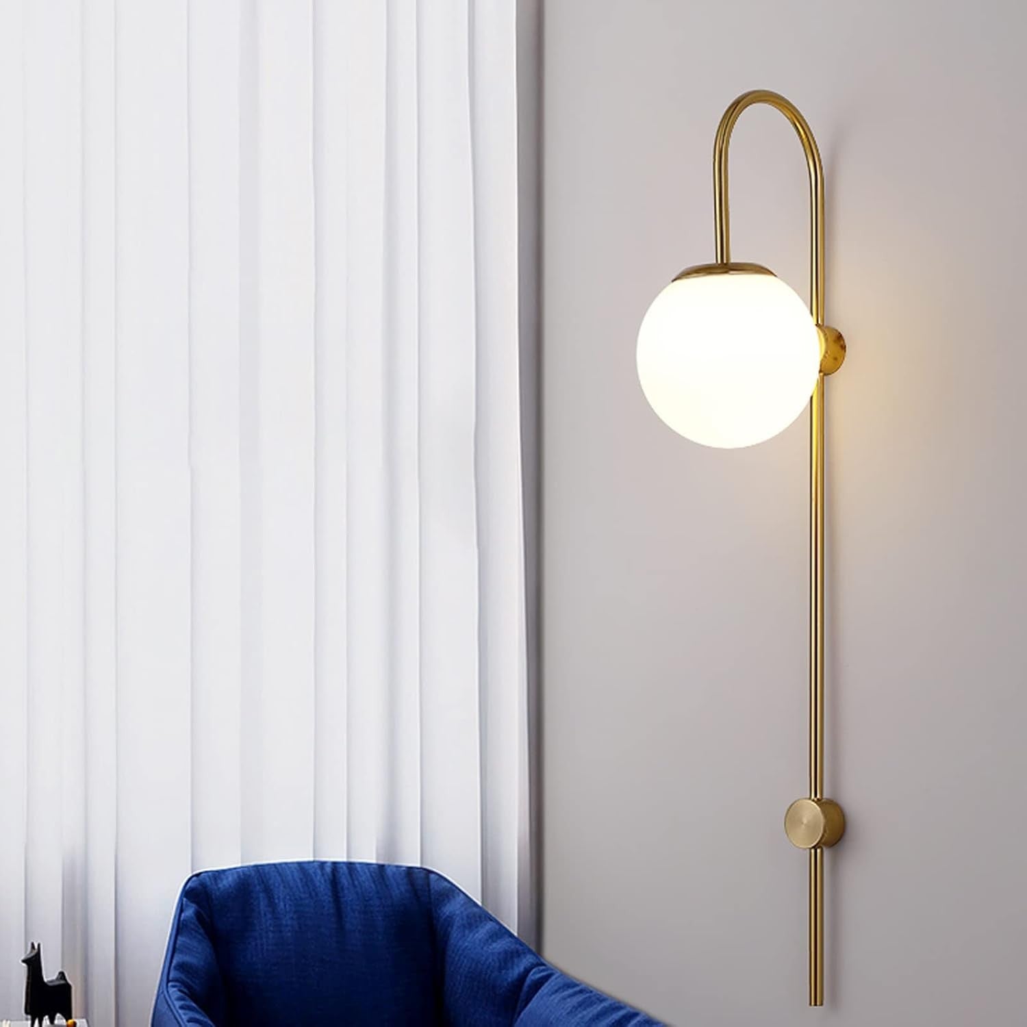 Qorven Minimalist Long Pole Globe Brass Plug In Wall Sconce