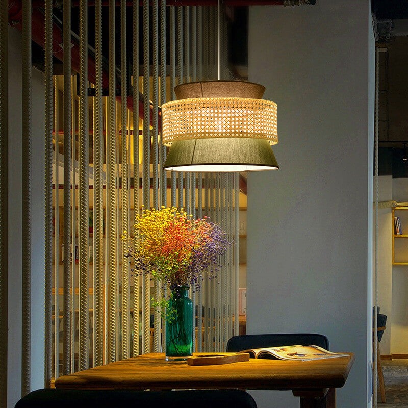 Lyzar Rustic Tiered Rattan Fabric Pendant Light
