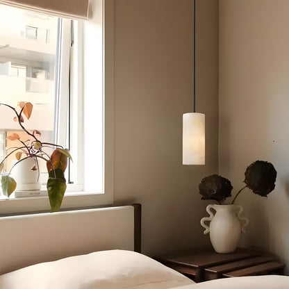 Modern Hand Carved Alabaster Cylinder Pendant Light
