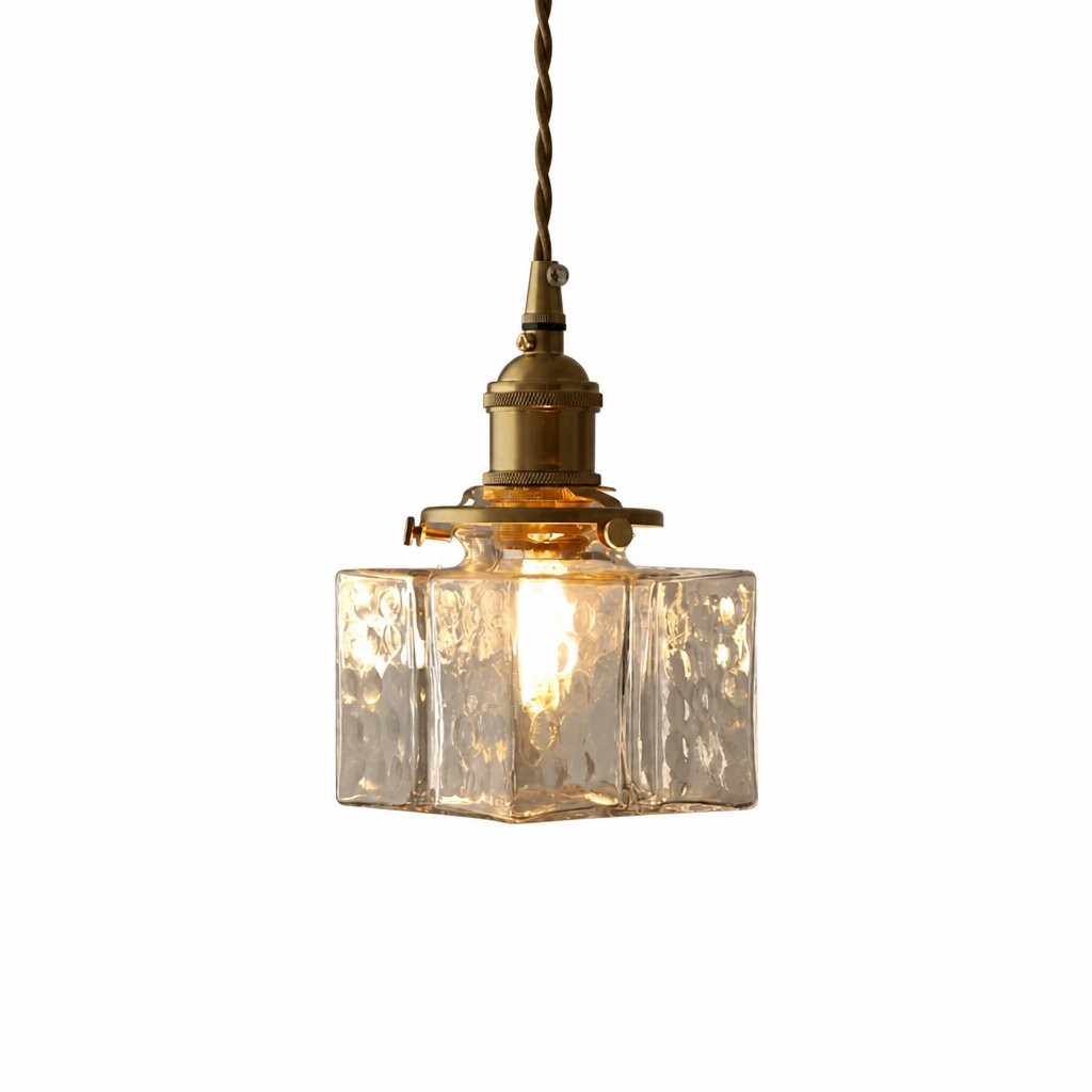 Faelthorin Farmhouse Brass Hammered Square Glass Pendant Lamp